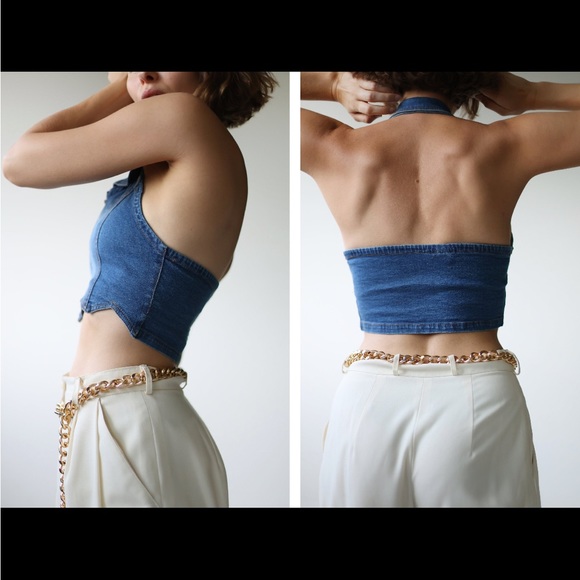 Y2K Vintage blue denim open back scallop hem crop vest top - Picture 2 of 6